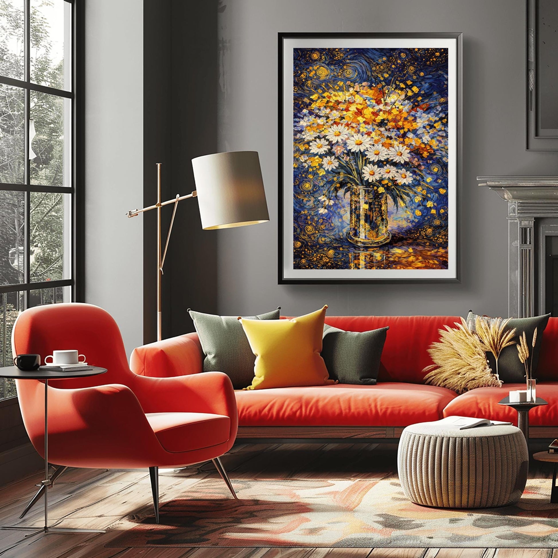 A vertical art print in the style of Gustav Klimt featuring a bouquet of white daisies with yellow centers in a tall, patterned gold vase. The vase is decorated with small black and gold circles. The background is a vibrant dark blue with swirling golden patterns and stars. The table surface below reflects the blue and gold light. The entire image is composed of intricate mosaic-like textures and shimmering metallic tones.