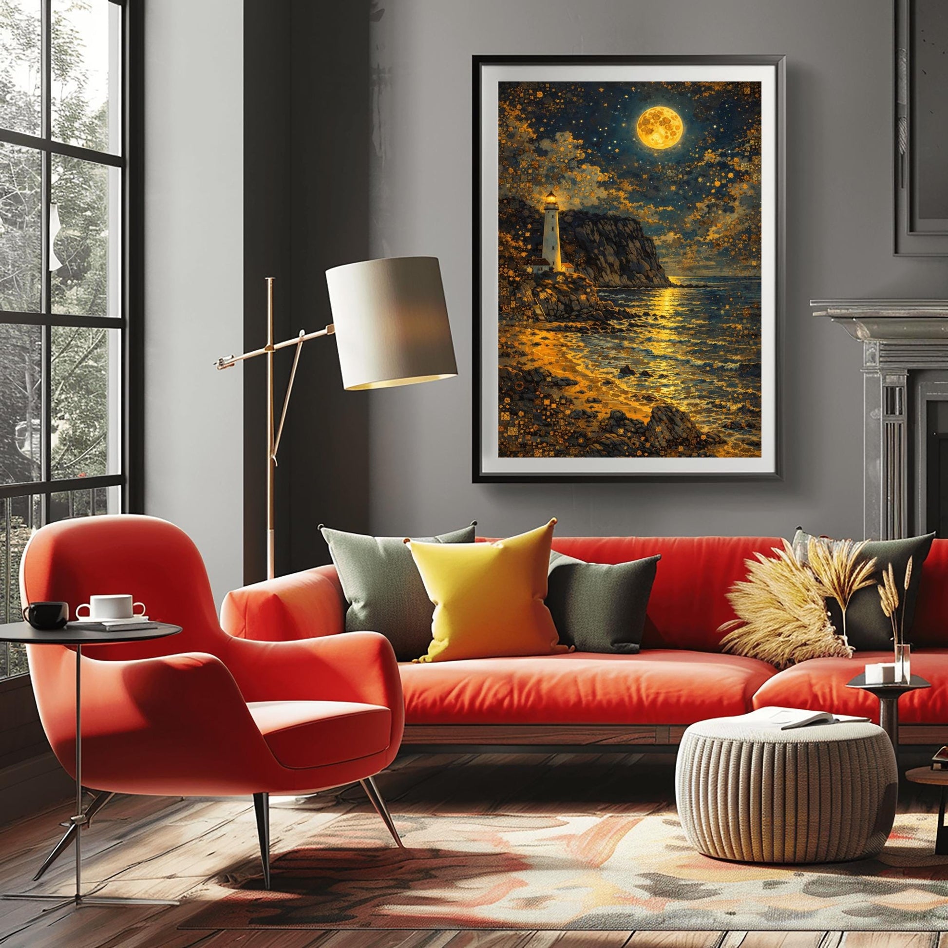 A vertical museum exhibition poster in the style of Gustav Klimt. A white lighthouse stands on a rugged cliff overlooking a dark ocean at night. A massive golden moon with mosaic patterns fills the top of the sky, reflecting on the waves. Bold black text at the bottom reads "GUSTAV KLIMT."