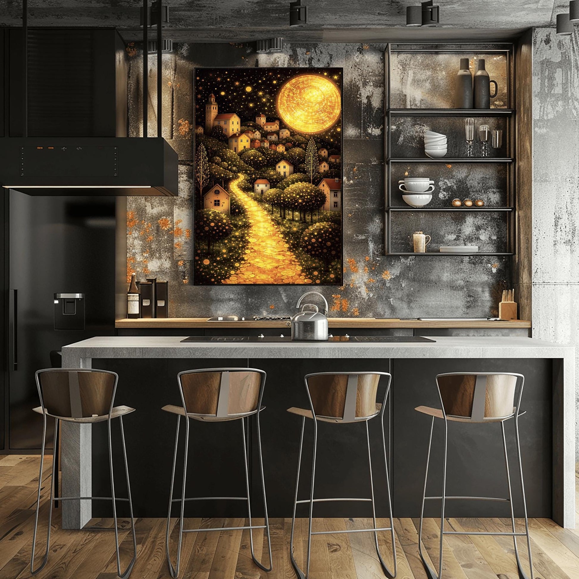 A vertical fine art landscape in the style of Gustav Klimt. A huge, textured golden moon shines in a starry night sky. A glowing golden path winds up a hillside past trees filled with shimmering golden dots toward a village of small houses with lit windows.
