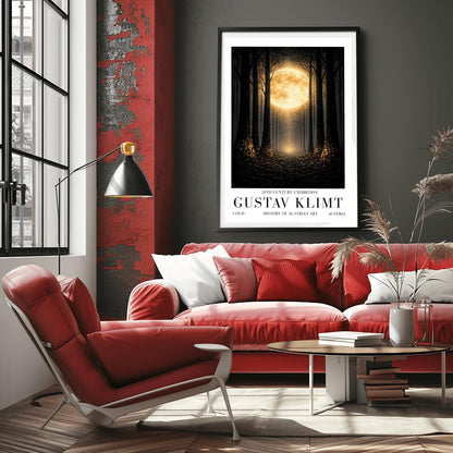 A vertical art print in the style of Gustav Klimt showing a dark forest at night. Tall, dark, silhouetted tree trunks frame a central path that leads toward a bright light in the distance. A massive, glowing golden moon with intricate textures dominates the upper center of the image. The base of the trees and the forest floor are sprinkled with shimmering gold mosaic patterns and light specks, contrasting sharply against the dark background.