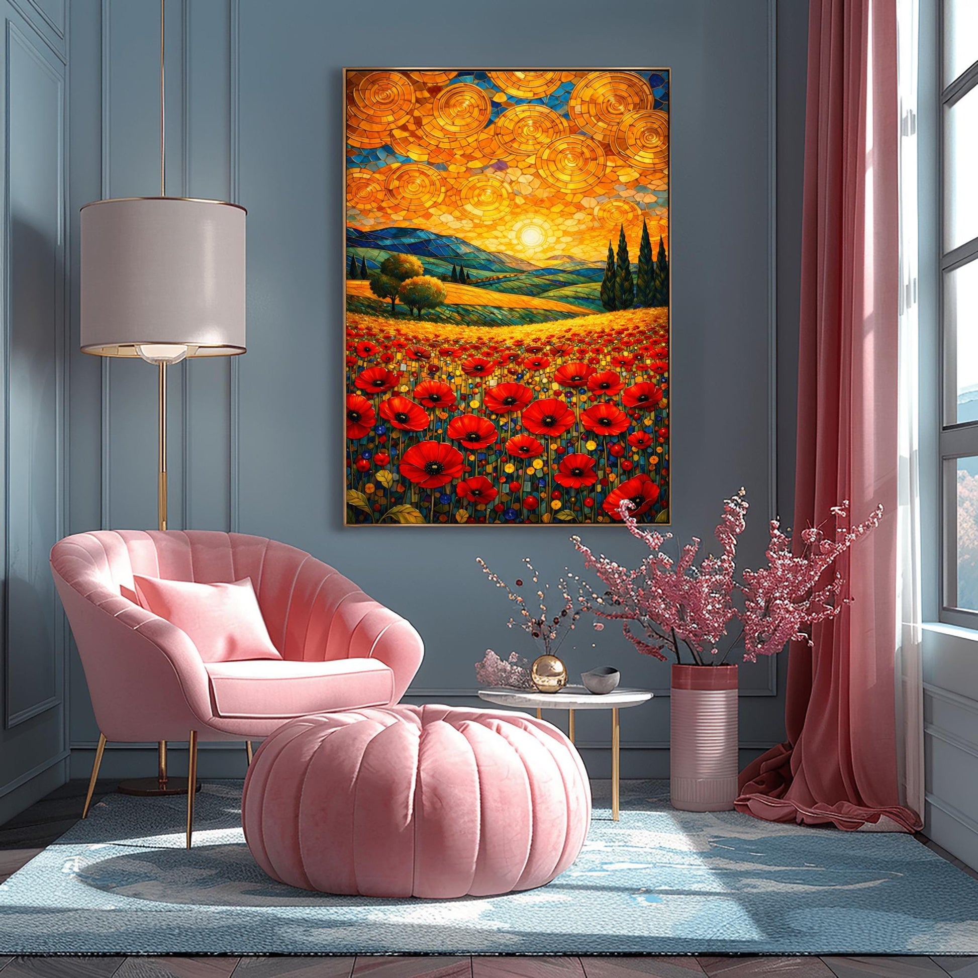 A vertical fine art print in the style of Gustav Klimt. A foreground of vibrant red poppies leads to rolling blue and green hills with cypress trees. The sky is filled with large, shimmering golden spirals and a bright sun, created in a mosaic style.