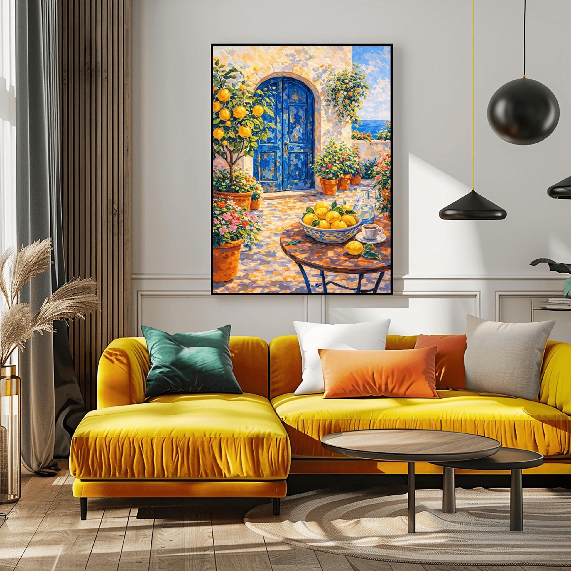A vertical painterly illustration of a sun-drenched Mediterranean courtyard with a large arched blue door. A table in the foreground holds a bowl of lemons and a cup of coffee. Terracotta pots with flowers and a lemon tree surround the stone patio, with a view of the blue sea in the background.