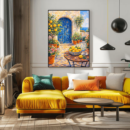 A vertical painterly illustration of a sun-drenched Mediterranean courtyard with a large arched blue door. A table in the foreground holds a bowl of lemons and a cup of coffee. Terracotta pots with flowers and a lemon tree surround the stone patio, with a view of the blue sea in the background.