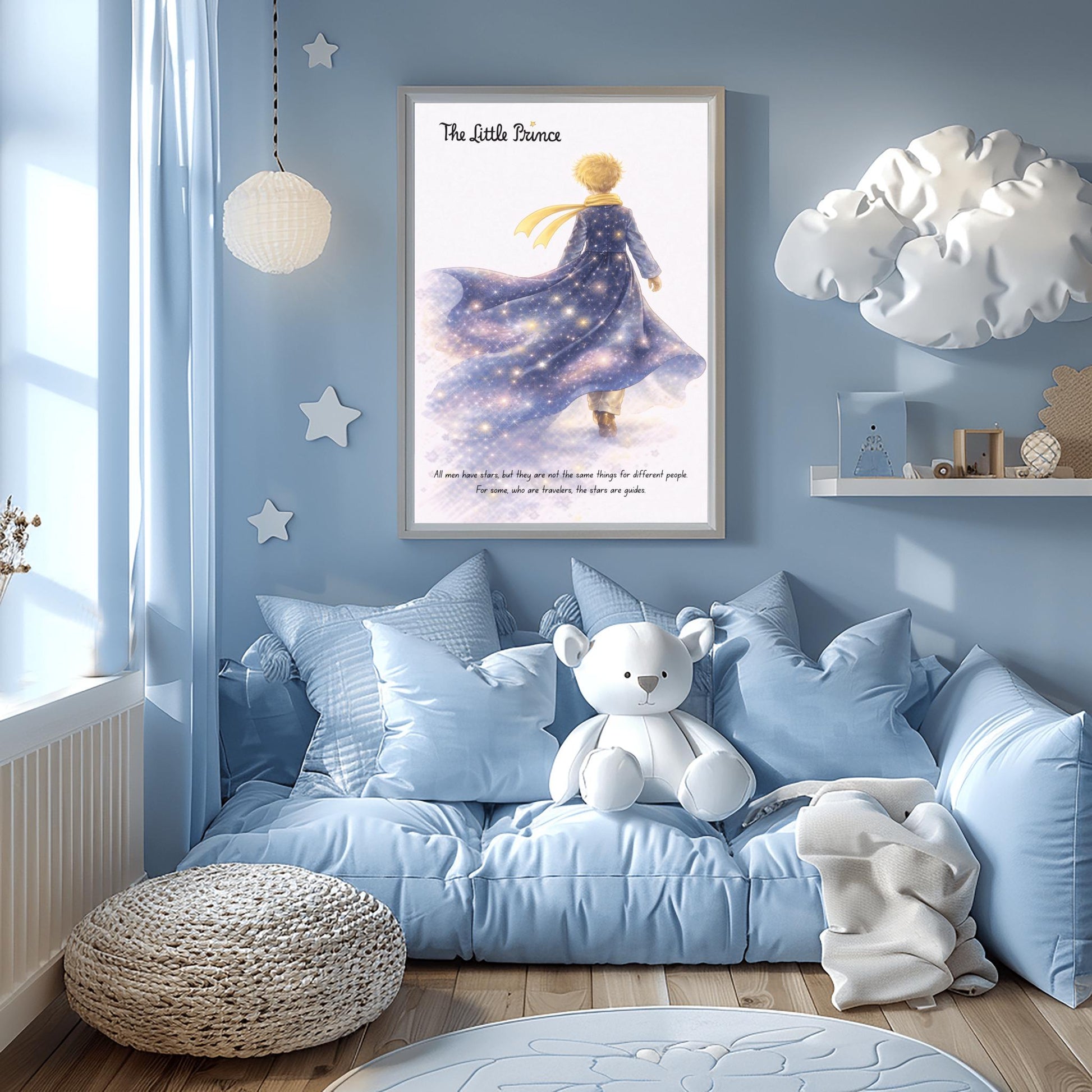 A vertical illustration poster titled "The Little Prince" in elegant script. A young boy with golden hair and a yellow scarf is seen from behind, walking into a white, misty background. He wears a long blue coat that looks like a starry galaxy, filled with glowing stars and purple nebulae. At the bottom, a quote about stars being guides for travelers is written in a simple black font.