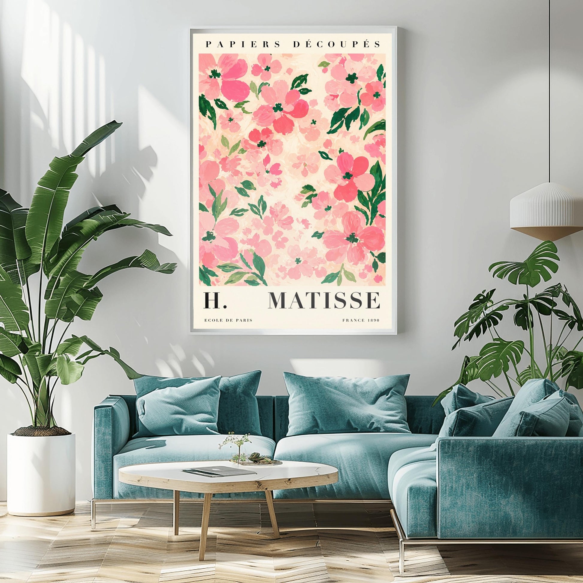 A vertical art print styled as a Henri Matisse exhibition poster. The central image is a dense pattern of soft pink and rose-colored flowers with dark green leaves on a cream-colored background. The flowers are painted with visible, textured brushstrokes. Above the image, the words "PAPIERS DÉCOUPÉS" are written in a black serif font. Below the image, the text reads "H. MATISSE" in large letters, with "ECOLE DE PARIS" and "FRANCE 1890" in smaller text at the bottom.