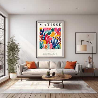 A vertical gallery exhibition poster with a warm cream border. Bold black text at the top reads "HENRI MATISSE". The central artwork is a rectangular block with a solid cobalt blue background, featuring a cream silhouette of an abstract, organic split-leaf design. Below the block, black text reads "PAPIERS DÉCOUPÉS" and "FEUILLE". The bottom of the poster finishes with the text "BERGGRUEN & CIE - 70 RUE DE L'UNIVERSITÉ - PARIS VII".