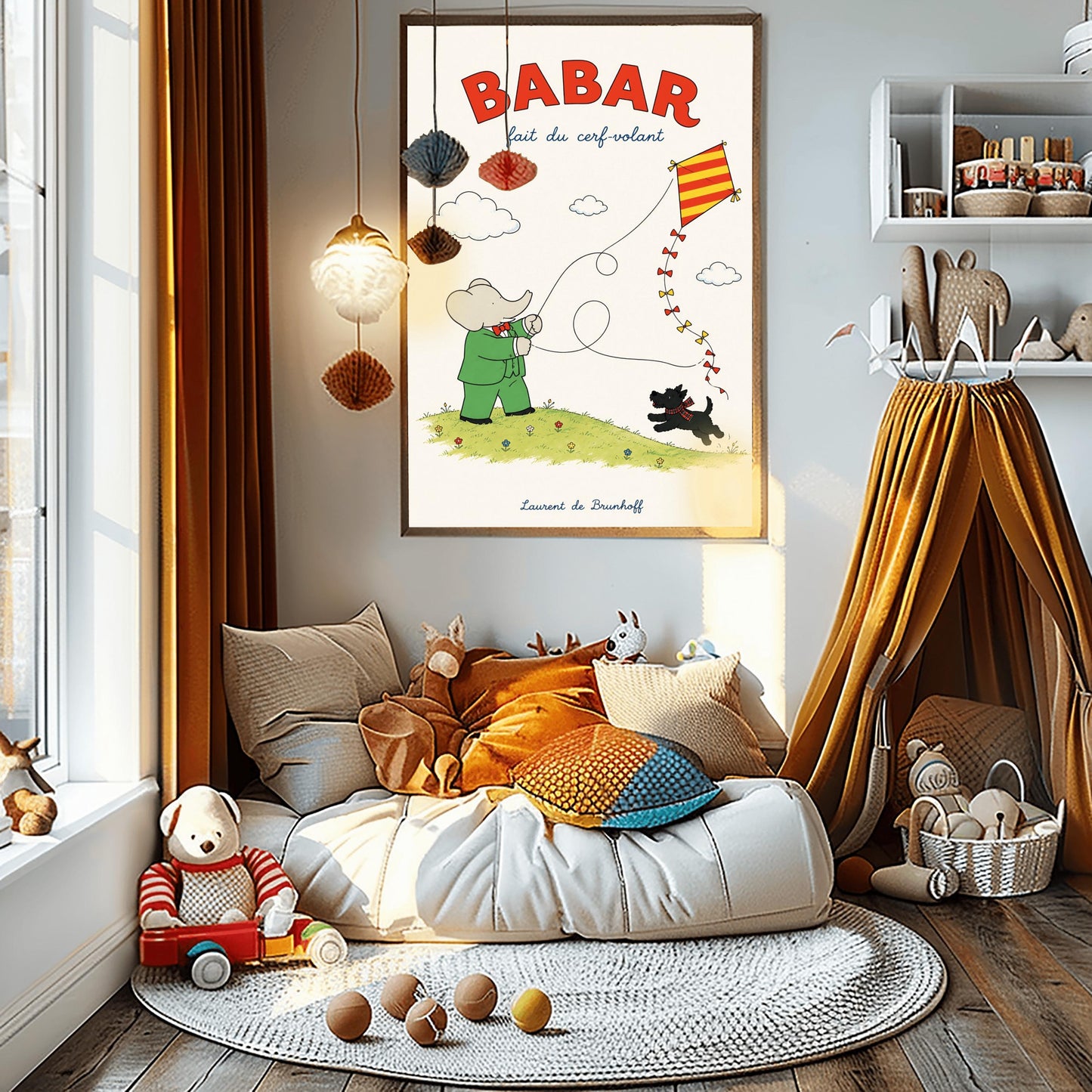 A vertical retro fine art exhibition poster titled "BABAR fait du cerf-volant" on a wide cream border. The top "BABAR" text is printed in a bold red font. The illustration shows an elephant in a green suit and red bowtie flying a red and yellow striped diamond kite on a green grassy hill with small flowers. A small black dog in a plaid scarf runs on the hill below, and the name "Laurent de Brunhoff" anchors the bottom.