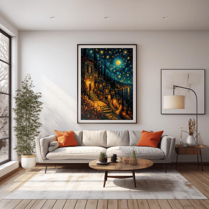 A vertical art print in the style of Gustav Klimt. A couple is shown in a close embrace, their bodies merging into a single form covered in ornate gold patterns, colorful squares, and floral spirals. The man’s face is seen in profile as he leans toward the woman. The background is a shimmering mosaic of gold, amber, and yellow shards, giving the entire image a radiant, metallic glow.