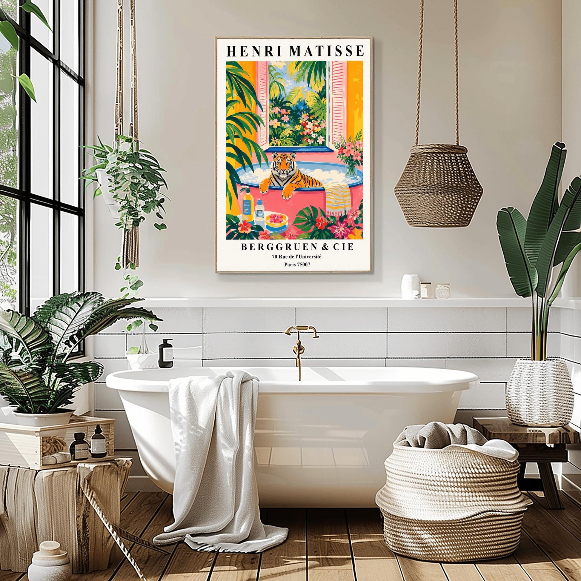 A vertical minimalist fine art exhibition poster in the style of Henri Matisse, featuring a wide white border layout. In the center, a simple black line drawing illustrates a tiger in a crouching, stalking pose. The illustration is set against a vibrant mustard yellow background block, framed by flat paper-cut abstract shapes including a royal blue coral leaf on the left and a terracotta red shape on the right against a solid white backdrop.