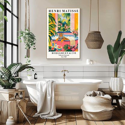 A vertical minimalist fine art exhibition poster in the style of Henri Matisse, featuring a wide white border layout. In the center, a simple black line drawing illustrates a tiger in a crouching, stalking pose. The illustration is set against a vibrant mustard yellow background block, framed by flat paper-cut abstract shapes including a royal blue coral leaf on the left and a terracotta red shape on the right against a solid white backdrop.