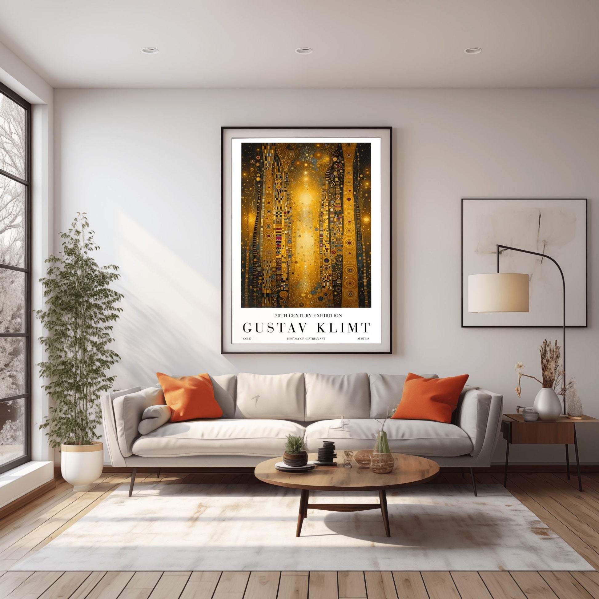 A vertical abstract painting in the style of Gustav Klimt. Several tall, narrow pillars filled with gold leaf textures and geometric patterns (circles, spirals, and squares) rise against a dark background filled with golden stardust. A central column of bright, shimmering light anchors the composition. The colors include brilliant gold, ochre, black, and touches of deep red and blue.