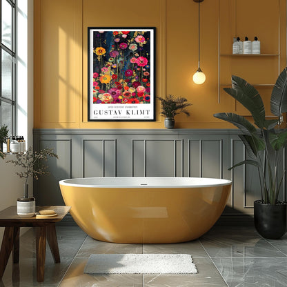 A vertical, highly detailed painting in the style of Gustav Klimt. A dense field of vibrant wildflowers in red, pink, orange, and purple grows against a dark indigo and black background. Shimmering gold-leaf patterns and "rain" effects are woven throughout the flowers. The style is rich in texture with a mosaic-like quality and heavy gold accents.