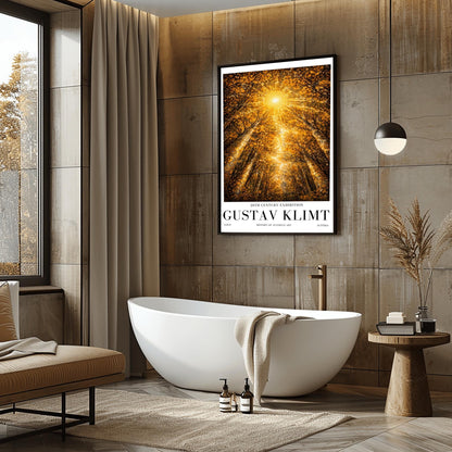 A vertical exhibition poster for Gustav Klimt featuring a view looking up through golden trees toward a radiant sunburst. The trees have intricate mosaic patterns on the bark. Below the artwork, bold black text reads "GUSTAV KLIMT" and "20th Century Exhibition."