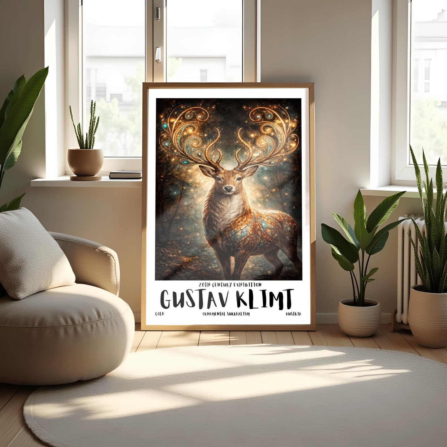 A vertical full-bleed illustration of a stag in the style of Gustav Klimt. The stag has massive, swirling golden antlers decorated with glowing gems. Its body is a mosaic of gold and turquoise. It stands in a misty, dark forest filled with golden sparks and floating embers.