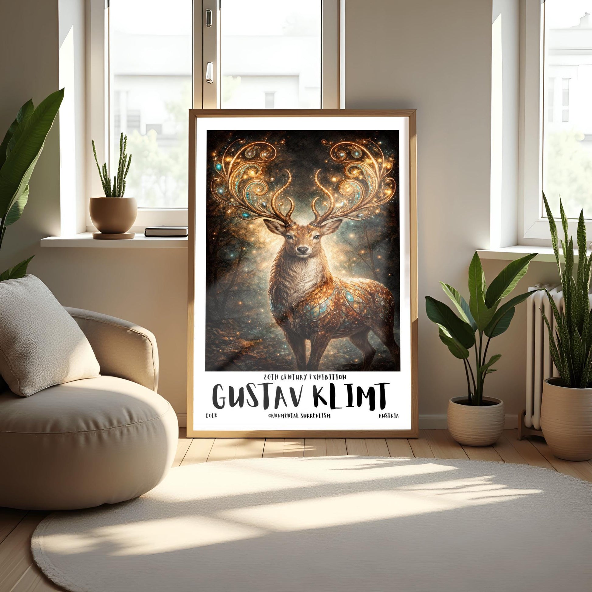 A vertical full-bleed illustration of a stag in the style of Gustav Klimt. The stag has massive, swirling golden antlers decorated with glowing gems. Its body is a mosaic of gold and turquoise. It stands in a misty, dark forest filled with golden sparks and floating embers.