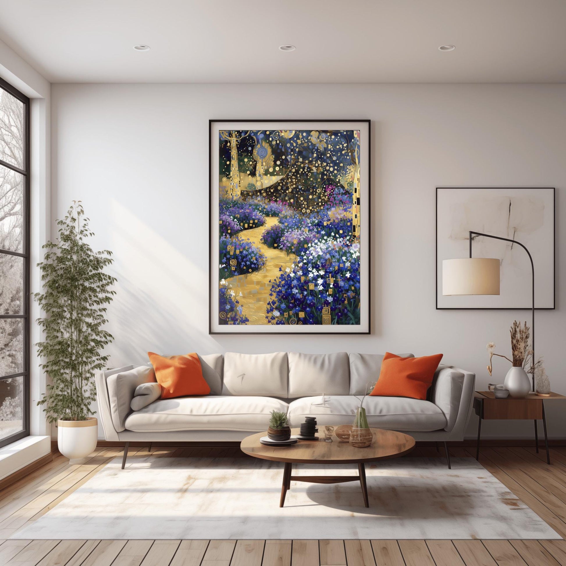 A vertical fine art print in the style of Gustav Klimt. A winding, textured golden path leads through a garden of blue and purple flowers. Stylized trees with golden mosaic patterns on their trunks stand on the sides under a dark blue sky filled with golden circles and star-like shapes.