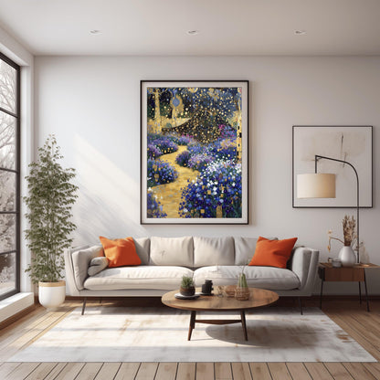 A vertical fine art print in the style of Gustav Klimt. A winding, textured golden path leads through a garden of blue and purple flowers. Stylized trees with golden mosaic patterns on their trunks stand on the sides under a dark blue sky filled with golden circles and star-like shapes.