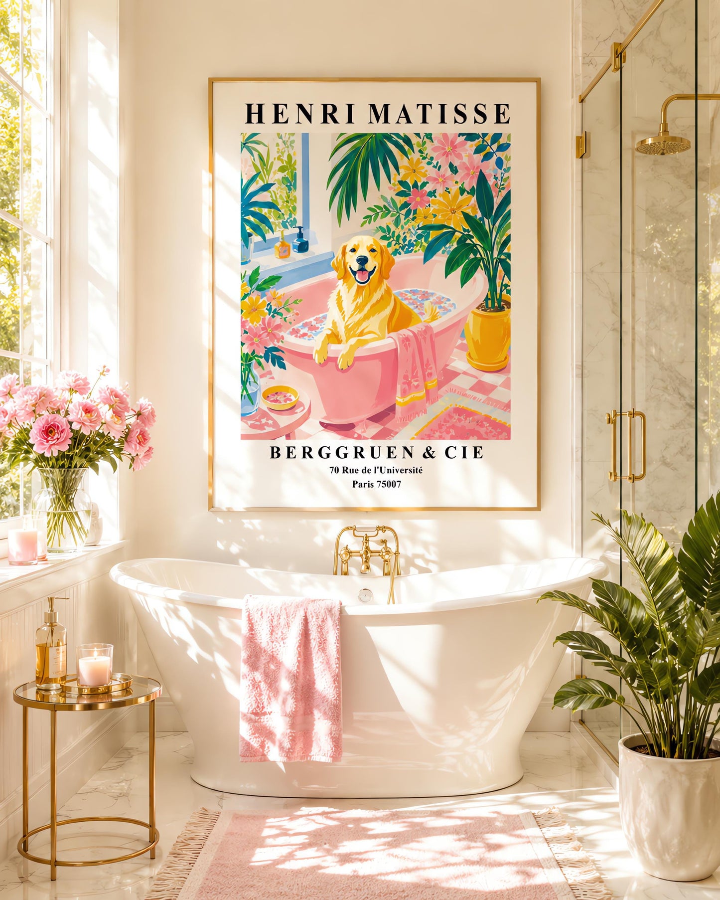 A vertical minimalist fine art exhibition poster in the style of Henri Matisse, bordered by a wide white frame margin. In the center, a simple black line drawing outlines the head and happy expression of a Golden Retriever dog. The composition is accented by vibrant, flat paper-cut abstract shapes, including a royal blue coral leaf on the left, a terracotta red shape on the right, and a mustard yellow block at the base against a clean white background.