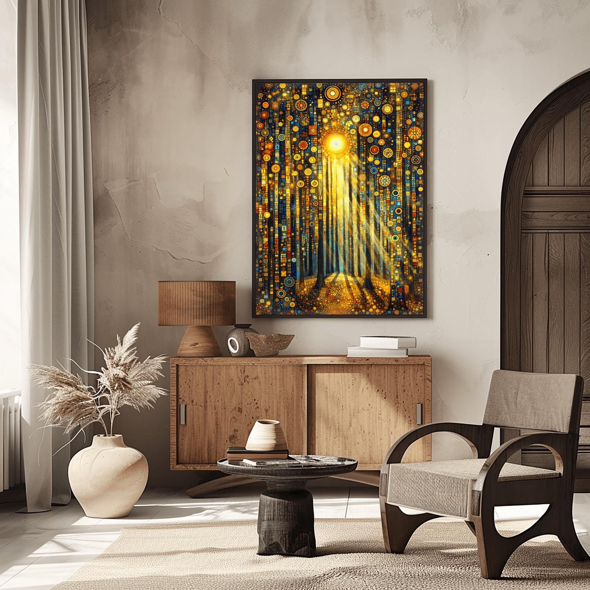 A vertical fine art print in the style of Gustav Klimt. Tall, dark tree trunks stand in a forest where the ground and sky are filled with dense gold and blue mosaic circles. A bright sun in the upper center casts long, golden pillars of light down through the trees, illuminating the patterned forest floor.