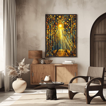 A vertical fine art print in the style of Gustav Klimt. Tall, dark tree trunks stand in a forest where the ground and sky are filled with dense gold and blue mosaic circles. A bright sun in the upper center casts long, golden pillars of light down through the trees, illuminating the patterned forest floor.