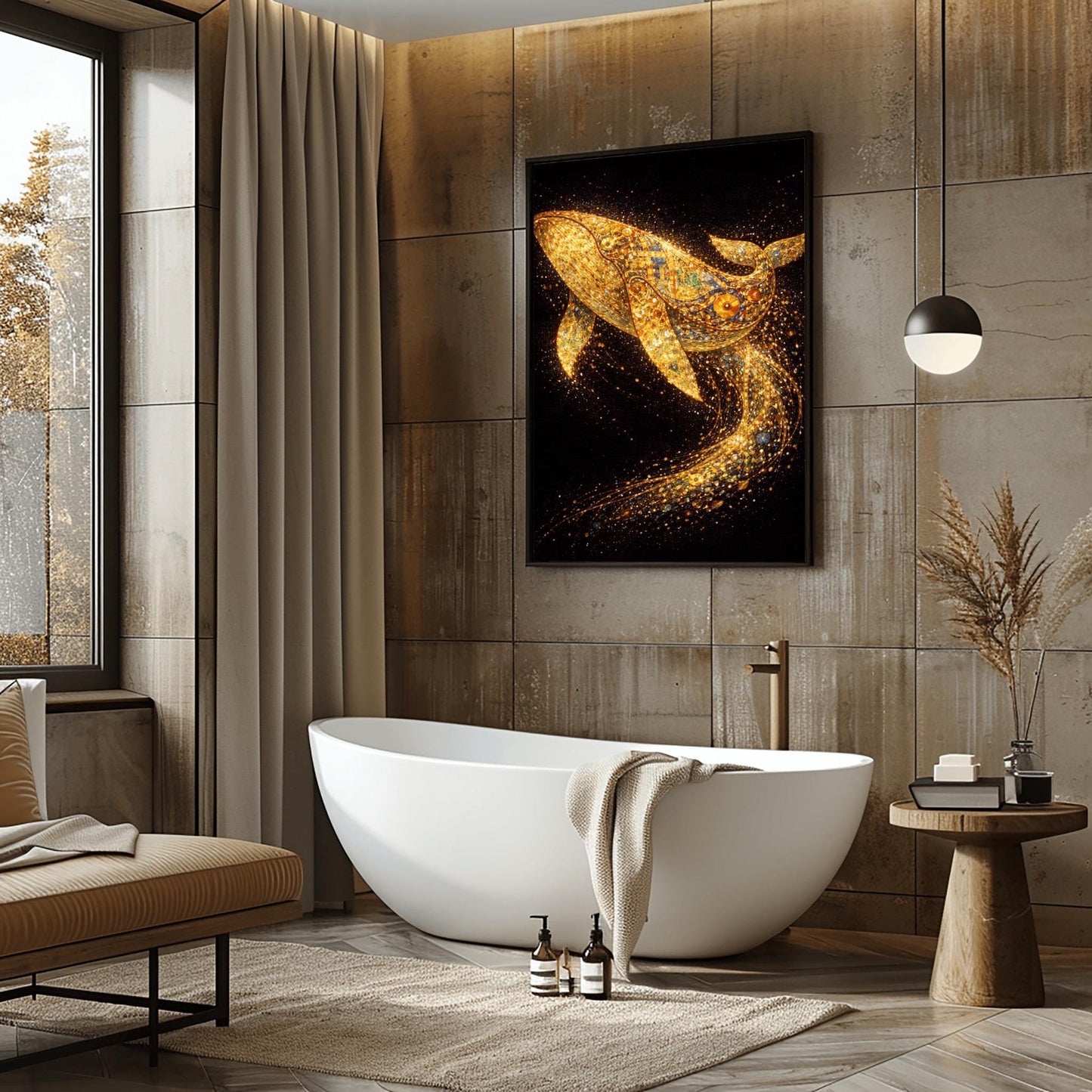 A vertical full-bleed illustration of a large whale in the style of Gustav Klimt. The whale is composed of gold mosaic patterns and spirals, swimming through a dark black ocean. Behind it, a long, curved trail of sparkling golden particles and embers flows through the water.