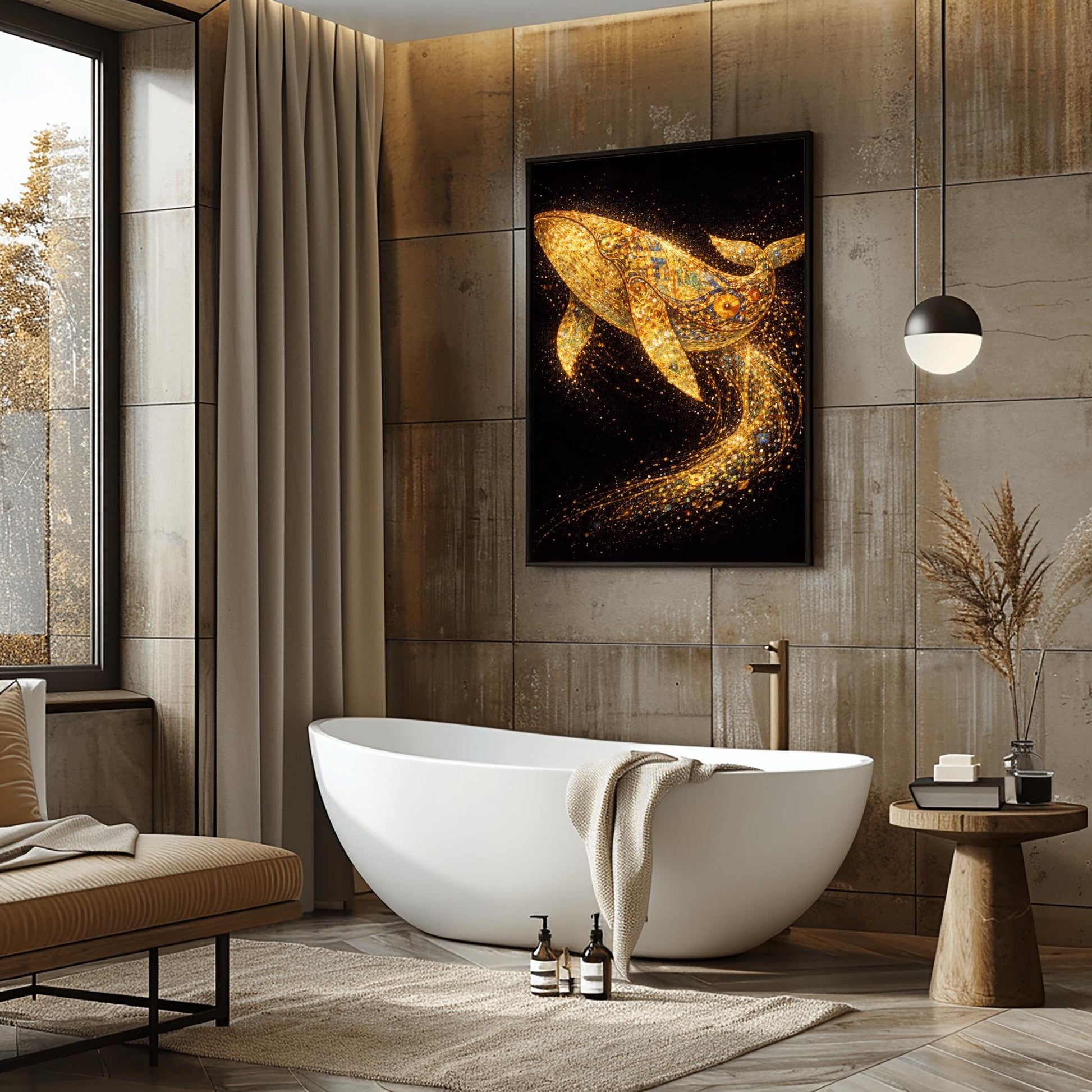 A vertical full-bleed illustration of a large whale in the style of Gustav Klimt. The whale is composed of gold mosaic patterns and spirals, swimming through a dark black ocean. Behind it, a long, curved trail of sparkling golden particles and embers flows through the water.