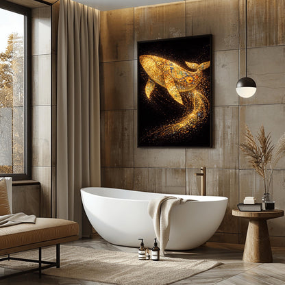 A vertical full-bleed illustration of a large whale in the style of Gustav Klimt. The whale is composed of gold mosaic patterns and spirals, swimming through a dark black ocean. Behind it, a long, curved trail of sparkling golden particles and embers flows through the water.