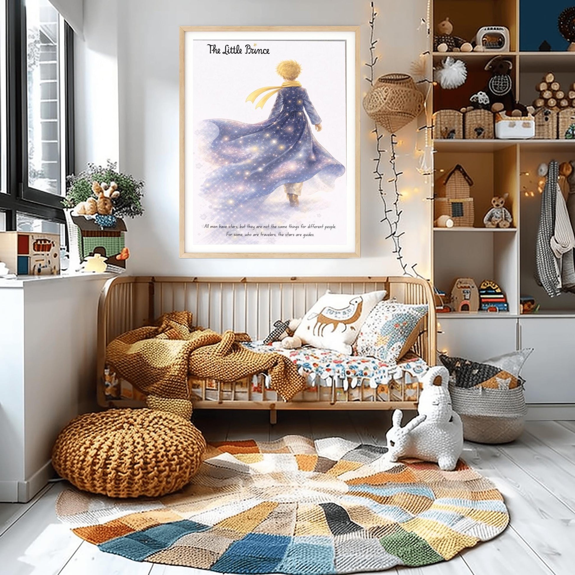 A vertical illustration poster titled "The Little Prince" in elegant script. A young boy with golden hair and a yellow scarf is seen from behind, walking into a white, misty background. He wears a long blue coat that looks like a starry galaxy, filled with glowing stars and purple nebulae. At the bottom, a quote about stars being guides for travelers is written in a simple black font.