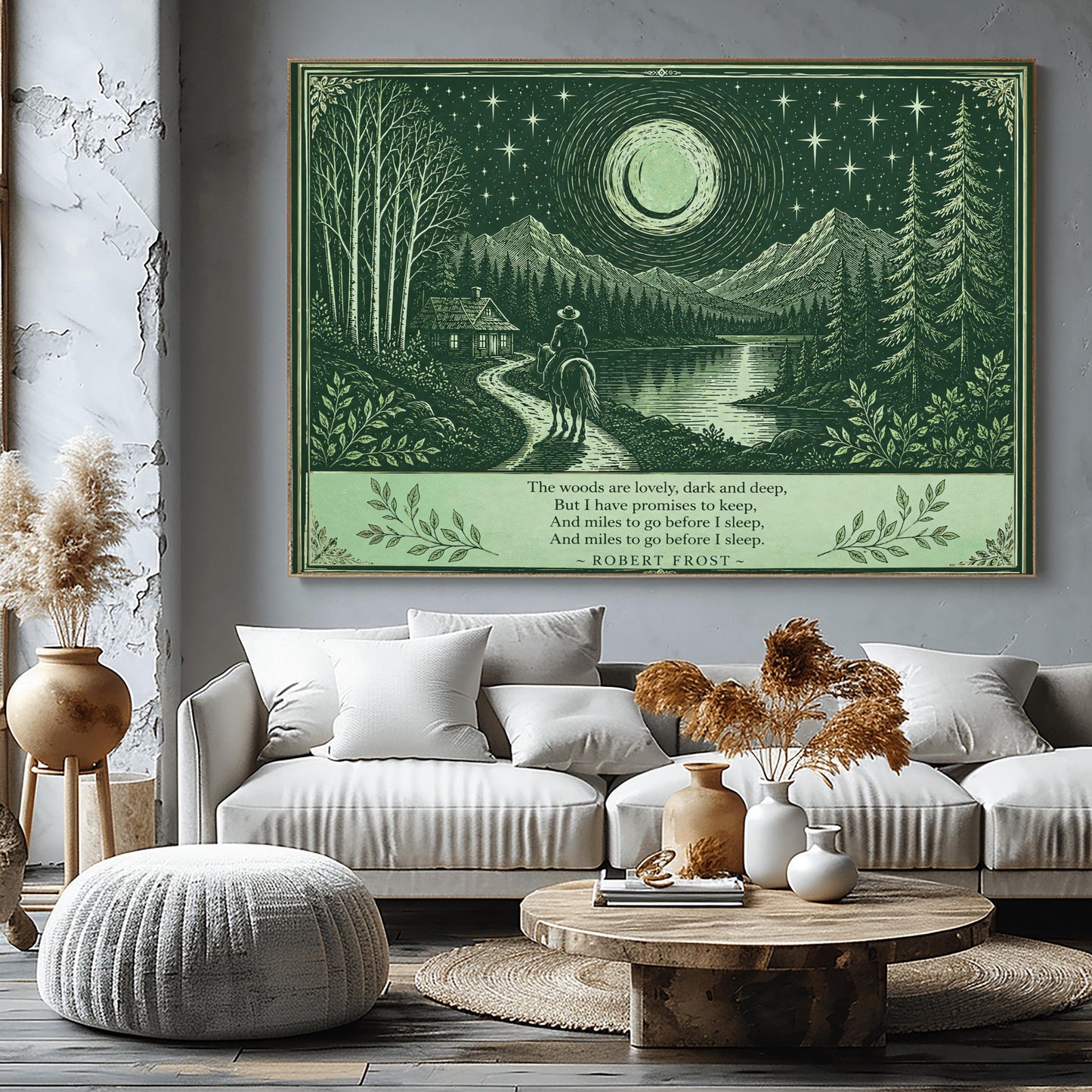 Robert Frost Art, Poetry Wall Decor, Woodcut Landscape, Dark Green Art, Mountain Lake Print, Literature Gift, Snowy Evening Poem, Rustic Home Decor, Celestial Art, Horseback Rider, Starry Night Sky, Cabin in Woods, Vintage Style Poster.