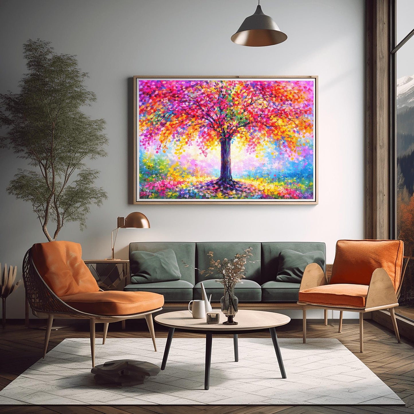 A horizontal landscape painting of a large, vibrant tree. The canopy is a dense, rounded mass of multi-colored leaves in pink, red, orange, yellow, and purple. The center of the tree glows with white and yellow light. The trunk is dark and textured. The tree sits in a soft, impressionist meadow of colorful flowers and mist. The style features thick, visible palette knife strokes.