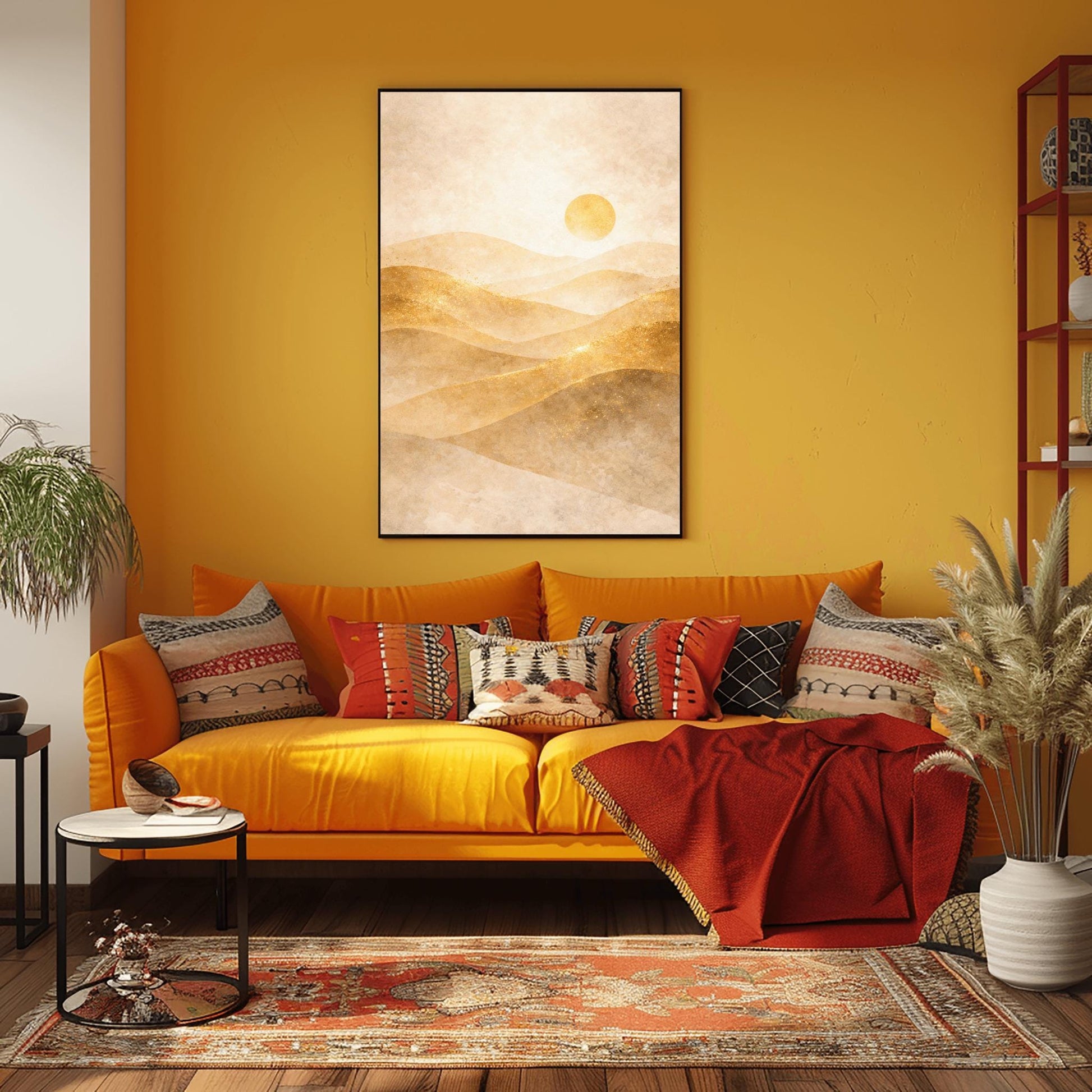A vertical minimalist landscape in Art Nouveau style. Rolling desert dunes in shades of beige and tan are highlighted with shimmering golden dust on their ridges. A circular golden sun hangs in a hazy, textured cream sky.