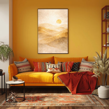 A vertical minimalist landscape in Art Nouveau style. Rolling desert dunes in shades of beige and tan are highlighted with shimmering golden dust on their ridges. A circular golden sun hangs in a hazy, textured cream sky.