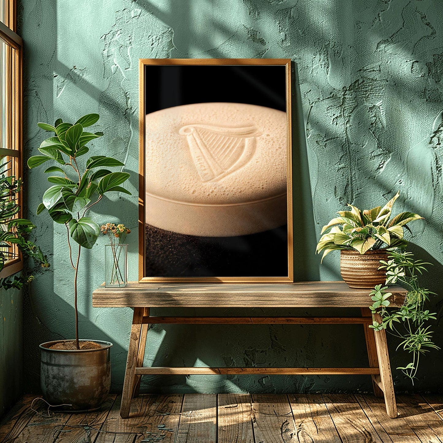 A vertical macro photograph of the thick, creamy foam head on a pint of Guinness. The iconic Guinness harp is embossed into the center of the velvety bubbles. The image features warm cream tones against a dark, shadowy background.