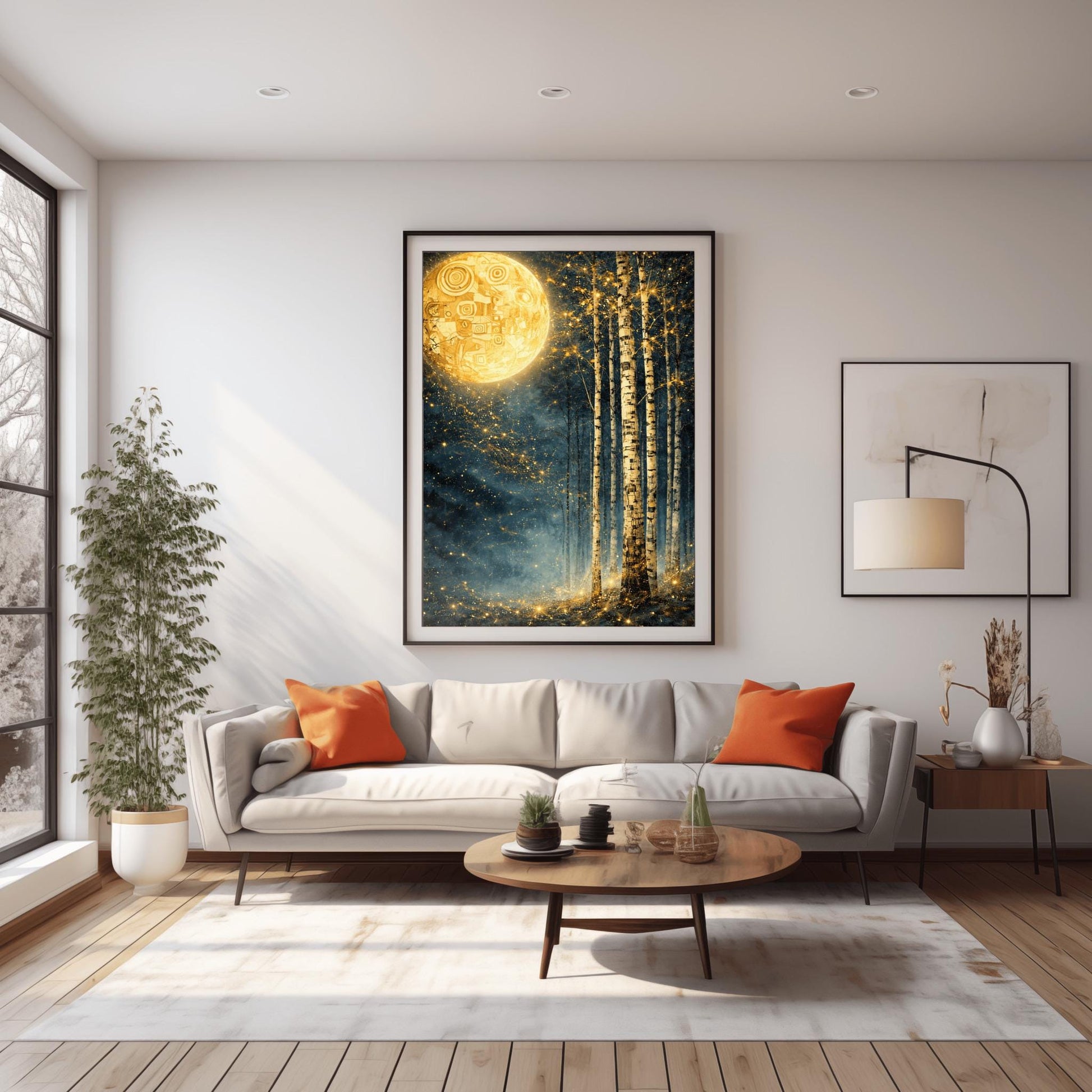 A vertical Art Nouveau illustration in the style of Gustav Klimt. A large, patterned golden moon sits in the upper left corner of a dark, misty teal forest. Slender birch trees stand on the right, while a swirl of golden stardust flows across the center.
