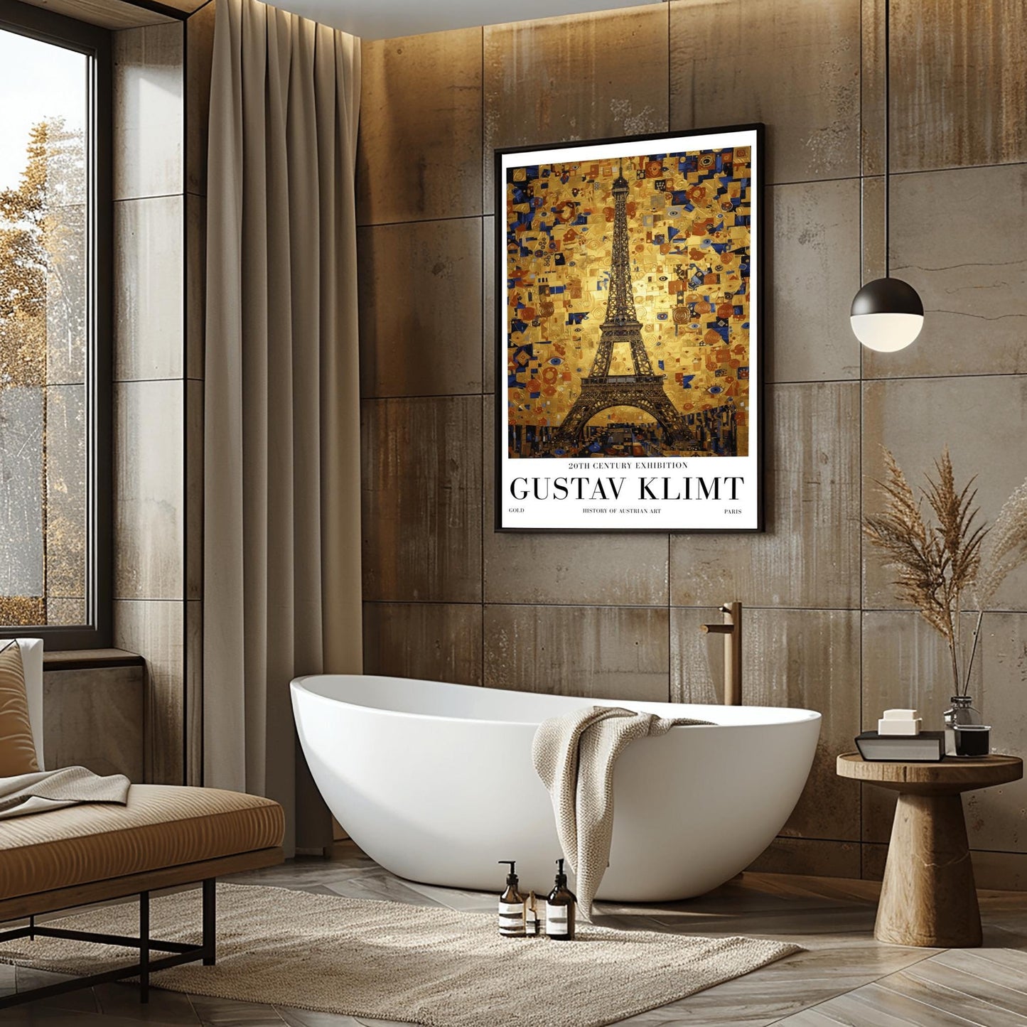 A vertical museum exhibition poster in the style of Gustav Klimt. The Eiffel Tower in Paris is rendered in a dark structural style against a sky made of a dense golden mosaic of squares, tiles, and blue "eye" symbols. Bold black text at the bottom reads "GUSTAV KLIMT" and "PARIS."