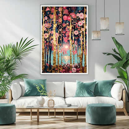 A vertical, highly detailed oil painting in the style of Gustav Klimt. Slender birch tree trunks with gold-leaf textures are surrounded by a dense field of pink, rose, and white circular floral mosaics. In the background, a soft sun reflects over a blue lake. The overall style is rich in texture with a sophisticated pink and gold color palette.