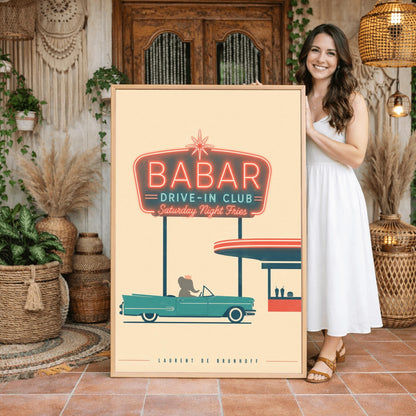 A minimalist graphic vintage-style poster on a solid cream background. At the top, a large retro neon-style sign glows with a red border and teal lettering that reads "BABAR DRIVE-IN CLUB - Saturday Night Fries". Below the sign, a silhouette of a cartoon elephant wearing a crown sits inside a classic teal 1950s convertible car. The car is parked next to a simplified red and teal drive-in order window featuring two milkshakes and a burger silhouette.