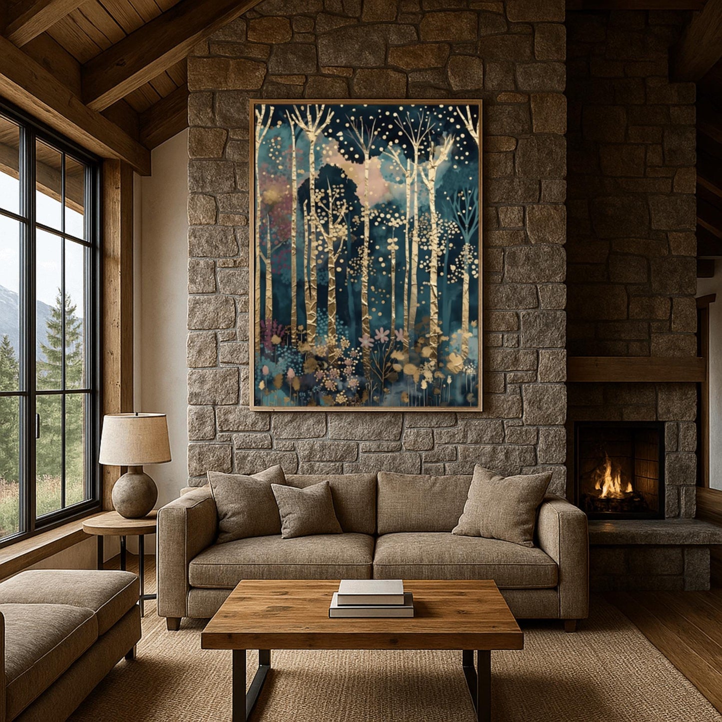 A vertical fine art painting in the style of Gustav Klimt. Tall, slender birch trees with heavy gold-leaf textures and dark geometric patterns rise against a dark teal and navy midnight sky. The sky is filled with floating golden orbs and stardust. At the bottom, a delicate layer of pink and blue stylized flowers grows among the roots. The overall mood is quiet, luxurious, and magical.