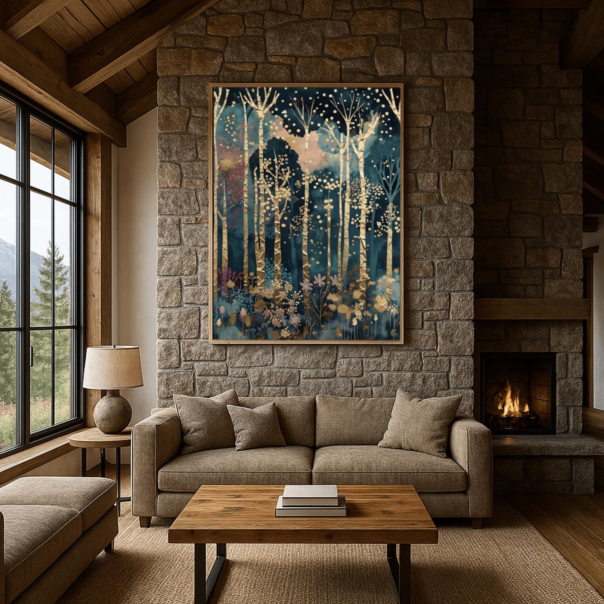 A vertical fine art painting in the style of Gustav Klimt. Tall, slender birch trees with heavy gold-leaf textures and dark geometric patterns rise against a dark teal and navy midnight sky. The sky is filled with floating golden orbs and stardust. At the bottom, a delicate layer of pink and blue stylized flowers grows among the roots. The overall mood is quiet, luxurious, and magical.