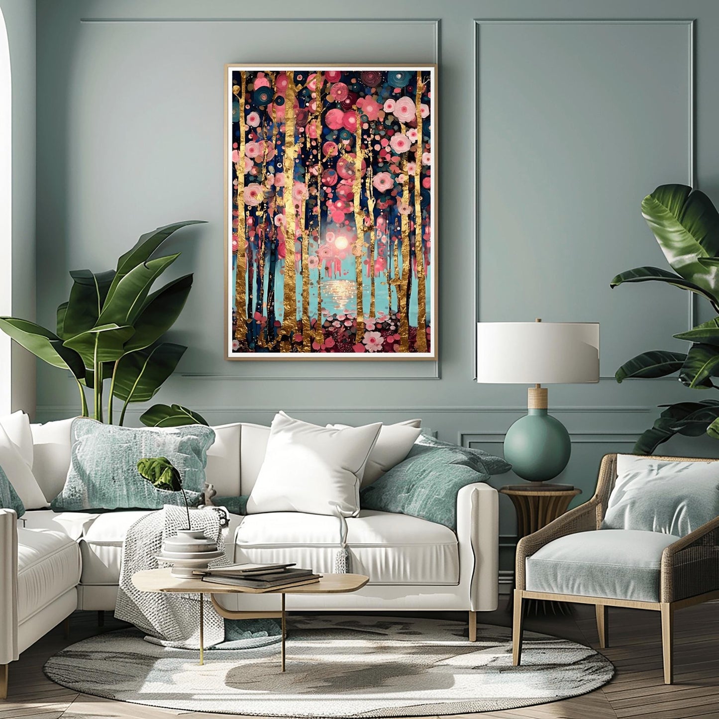 A vertical fine art print in the style of Gustav Klimt. Slender, textured gold leaf tree trunks stand against a soft teal and blue background. The branches are covered in a dense mosaic of pink and white circular flower patterns. A soft sun reflects in a pool of water in the center.