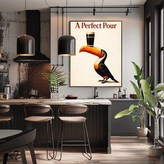 A vertical minimalist vintage-style poster. A colorful toucan with a bright orange beak balances a single pint of dark Guinness beer on its bill. The background is a clean, textured cream color. Bold red text at the top reads "A Perfect Pour."