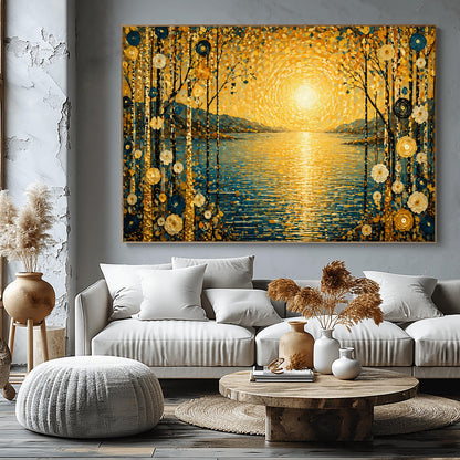A horizontal art print in a decorative mosaic style inspired by Gustav Klimt. A large, radiant golden sun composed of shimmering circles hangs over a calm blue lake, with its light reflecting on the water's surface. The scene is framed on both sides by tall, thin birch trees decorated with stylized gold and cream flowers. Muted blue mountains are visible in the background under a sky filled with golden, dappled light patterns.