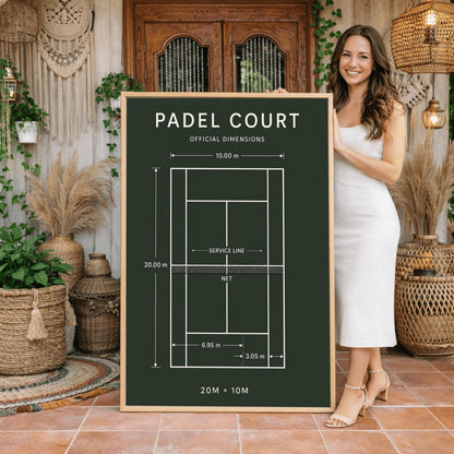 A vertical minimalist sports poster with a solid dark forest green background. At the top, the words "PADEL COURT" and "OFFICIAL DIMENSIONS" are written in a clean white sans-serif font. The center of the poster displays a top-down white schematic diagram of a padel court with text indicating the net, service line, and specific boundary dimensions like 20.00 m and 10.00 m. The bottom of the poster displays the text "20M × 10M".