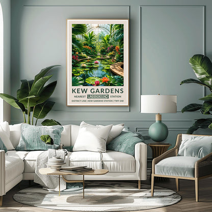 A vertical retro London Underground travel poster for Kew Gardens on a wide cream border. The top image shows an immersive illustration inside a grand Victorian glass conservatory dome. A curved brick pathway encircles a glassy pond filled with giant round lily pads and blooming pink, orange, and white lotus flowers that reflect the grid of the glass roof. Towering fan palms and exotic orange flowers frame the sides, leading to an arched glass doorway in the background.