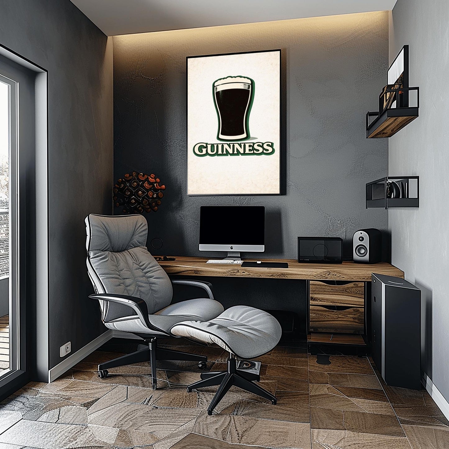 A vertical minimalist graphic of a pint of Guinness on a light cream-textured background. The black pint has a thick white foam head and a green drop shadow. Below the glass, the word "GUINNESS" is written in cream text with a green border.