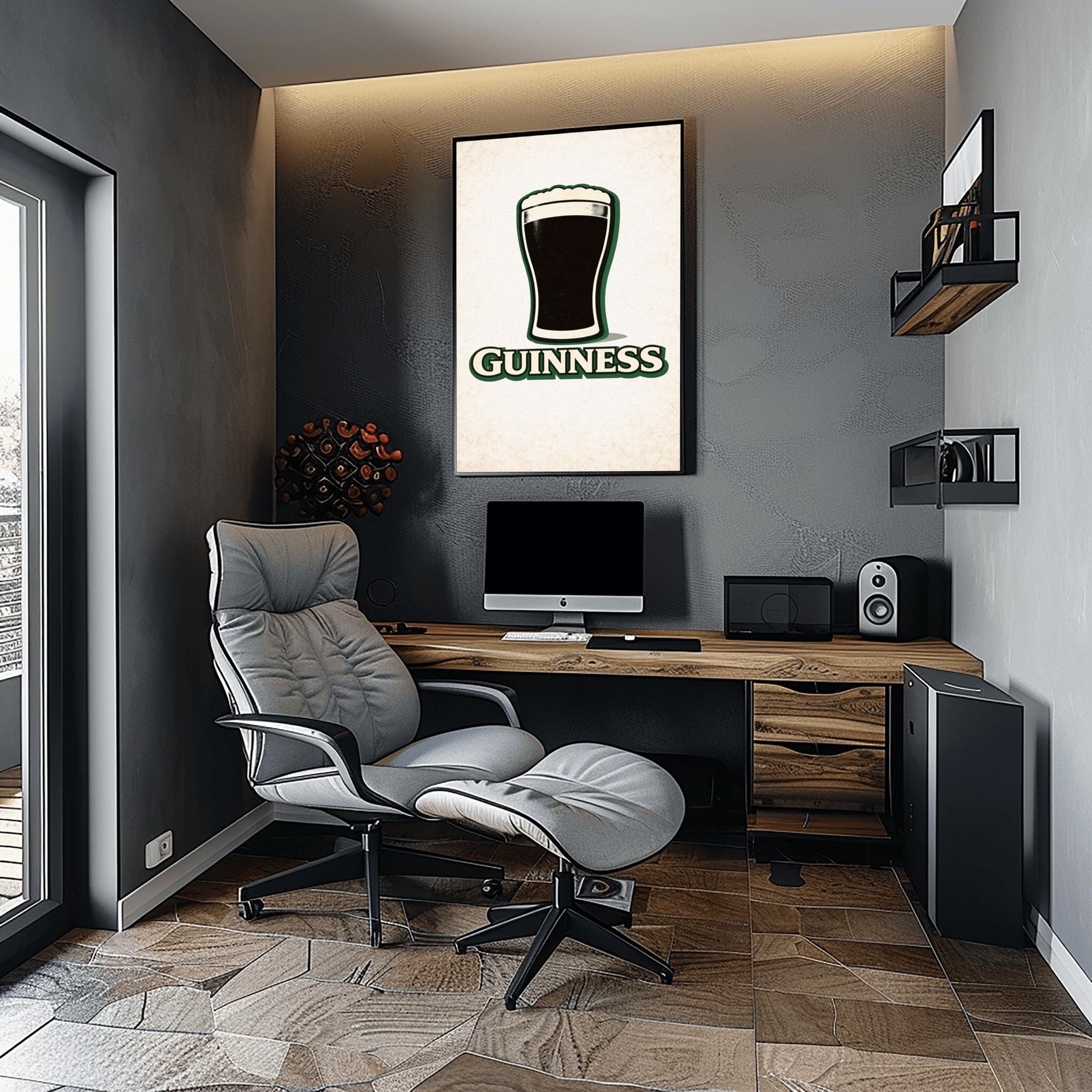 A vertical minimalist graphic of a pint of Guinness on a light cream-textured background. The black pint has a thick white foam head and a green drop shadow. Below the glass, the word "GUINNESS" is written in cream text with a green border.