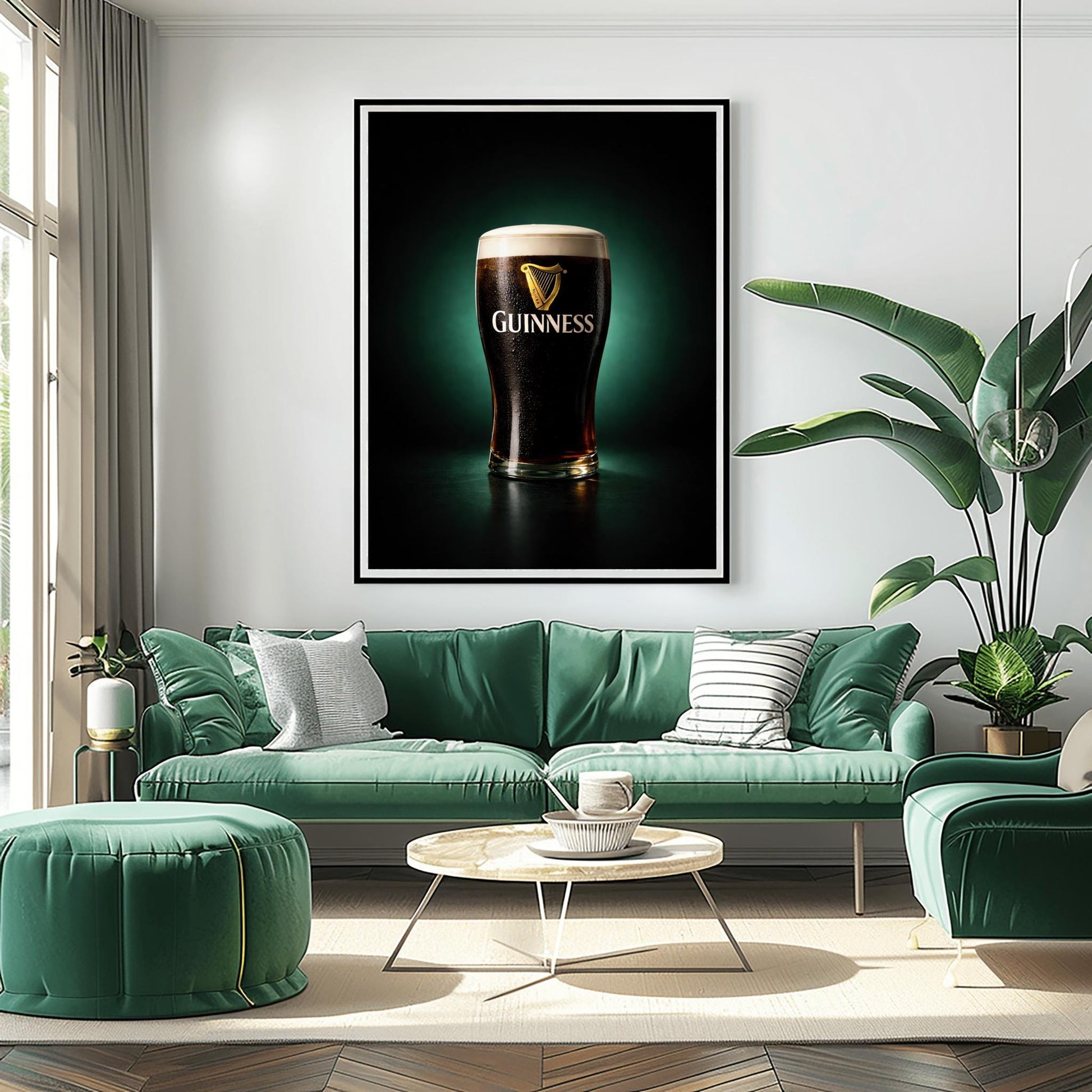 A vertical hyper-realistic photograph of a pint of Guinness centered against a dark background with a soft emerald green glow. The glass is covered in light condensation and features the gold Guinness logo. The foam is thick and white, and a slight ruby-red glow is visible at the bottom of the dark liquid.