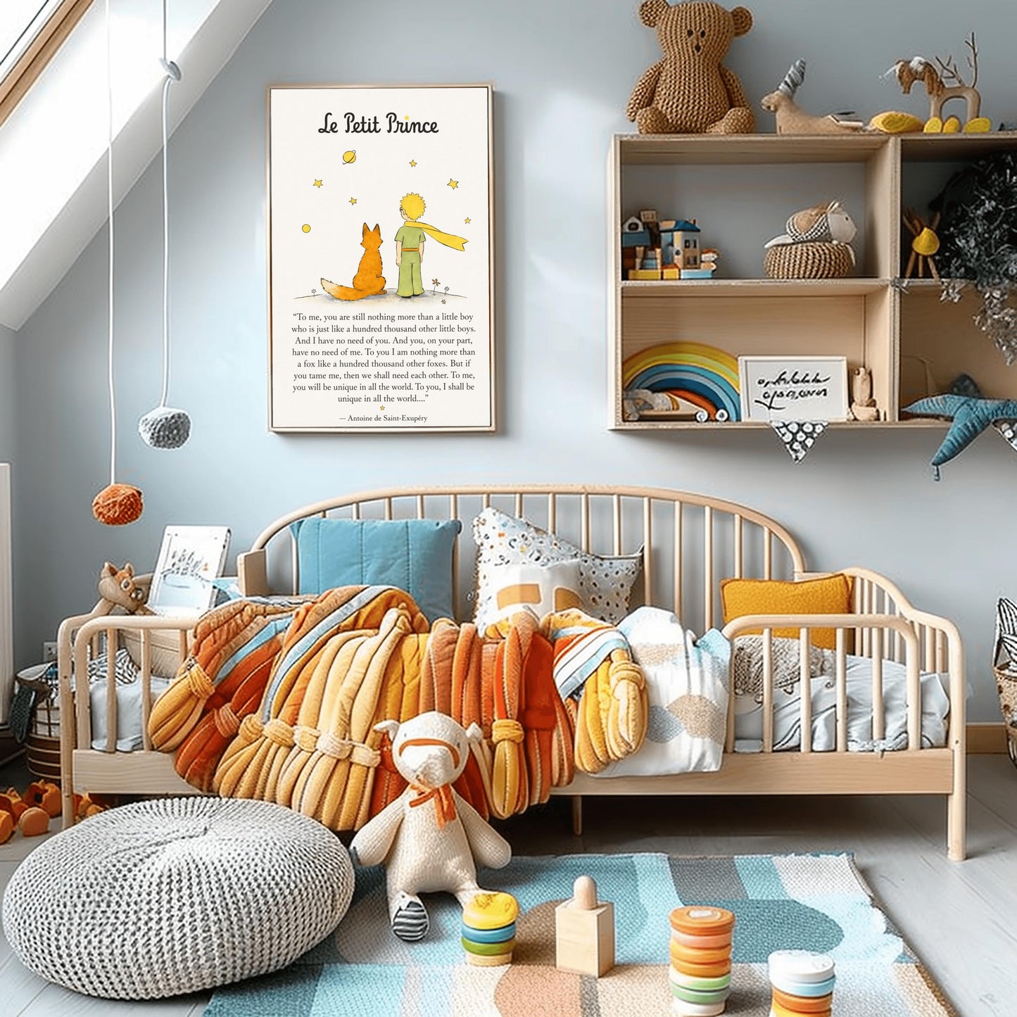 A vertical art print featuring a minimalist illustration of the Little Prince and the Fox from behind. The Prince wears a green suit and a long, flowing yellow scarf, standing next to an orange fox on a small grey mound. Above them are several simple yellow stars and a ringed planet. Below the illustration is a famous quote about "taming" and uniqueness from the book, attributed to Antoine de Saint-Exupéry.