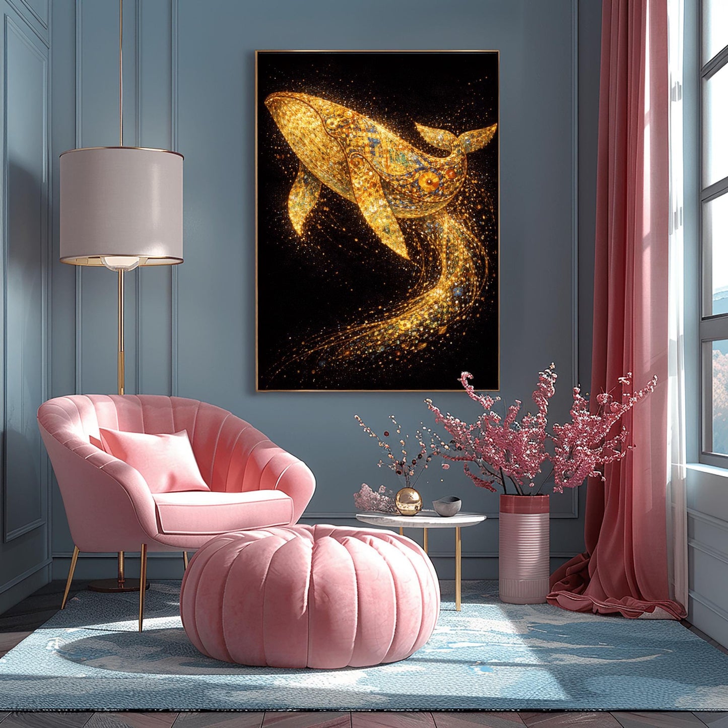A vertical full-bleed illustration of a large whale in the style of Gustav Klimt. The whale is composed of gold mosaic patterns and spirals, swimming through a dark black ocean. Behind it, a long, curved trail of sparkling golden particles and embers flows through the water.