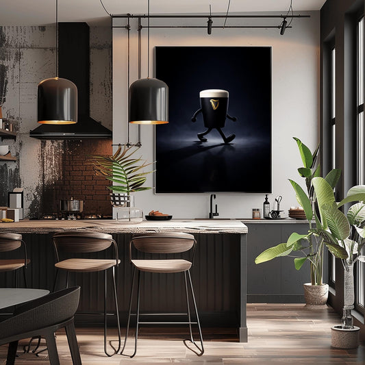 A vertical cinematic illustration of a 3D Guinness pint character with cartoon arms and legs, walking across a reflective dark floor. The background is a dark, moody void with a faint blue atmospheric glow. The pint features a crisp white foam head and a golden harp logo.